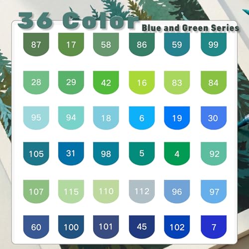 Image of ROSYMENG Green Blue Art Markers: 36 Colors Acrylic Paint Pen Set with Soft Brush Tip, Straight Liquid Quick-Dry Design, Drawing Supplies for Adult Coloring Books, Rock, Wood, Glass, Fabric