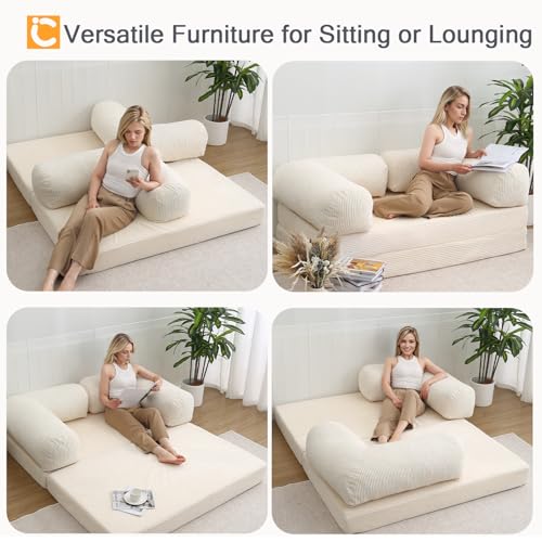 COMAX Folding Sofa Bed Queen, 4-in-1 Foldable Floor Couch Convertible Futon Sofa with Armrests Sleeper Mattress Chair Bed Comfy Portable Fold Out Lounge Guest for Living Room Bedroom, Beige