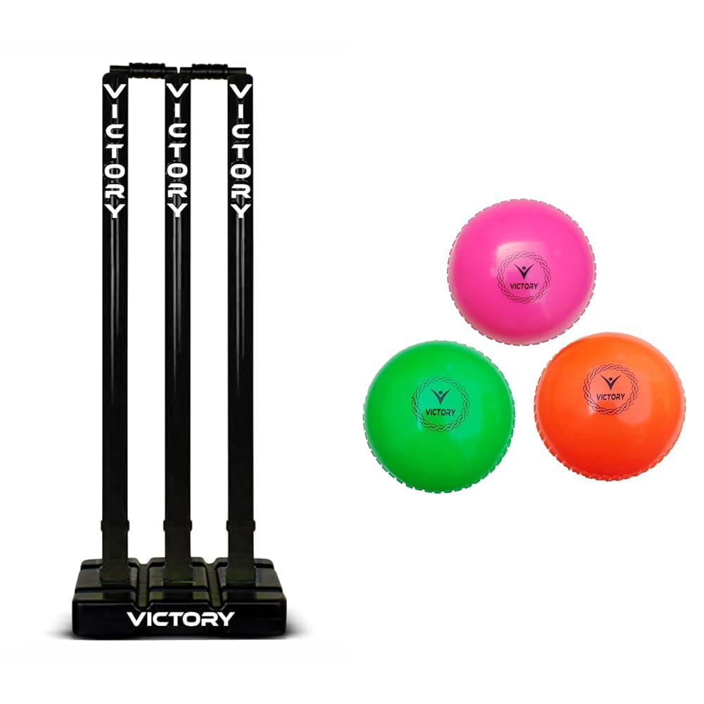 Victory Heavy Plastic Cricket Stumps Set (Black) & Victory Synthetic Cricket Wind Balls (Multicolour, Standard Size) Pack of 3