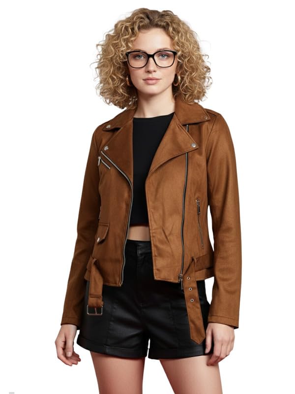 leather retail Suede Faux Leather Jacket Attached Belt-picture-40