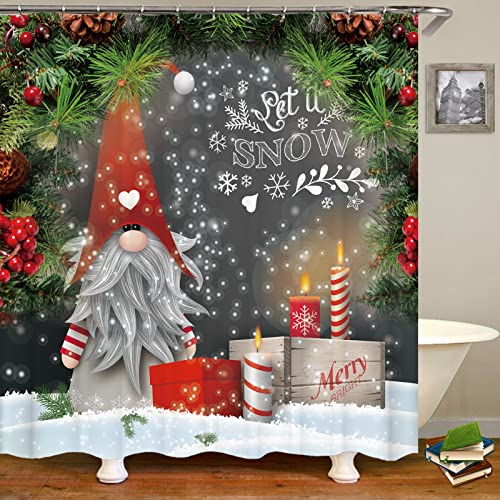 Christmas Gnome Shower Curtain Set，Santa Claus Big Gift Box Candle Happy New Year Shower Curtain for Bathroom, Merry Christmas Fabric Shower Curtain with Hooks 72 x 72 Inch (Q)