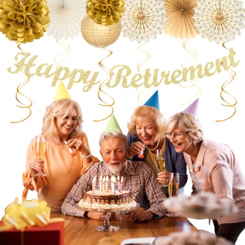 Image of Beige-Gold Happy Retirement Party Decorations Banner Women Men Huglony | 21pcs Retiree Farewell Banner,Streamers,Paper Lanterns,Pom Poms Fans,Work Teacher Retirement Supplies Backdrop Favors