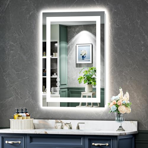 Image of 20x30 Inch LED Bathroom Mirror with Lights Front and Backlit Lighted Vanity Mirror for Bathroom Wall with 3 Colors Dimmable Anti-Fog Memory Shatter-Proof IP54 Waterproof Horizontal /Vertical
