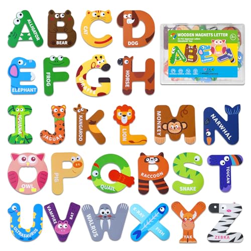 Wooden Magnetic Alphabet Letters for Toddlers, 26 Cute Animal-Themed Fridge Magnets for Early Learning, Spelling Practice, Letter Recognition Toys for Kids, Perfect Preschool Gift for Home & Classroom