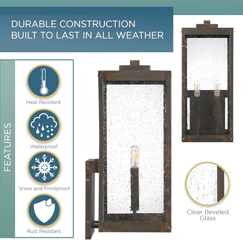 Image of Quoizel Westover Modern Wall Sconce, 22.75 Inch Industrial Bronze 2-Light Outdoor Light Fixture, Clear Seeded Glass Wall Lantern, 60 W, Industrial Design Wall Light for Porch, Patio, Gazebo or Yard