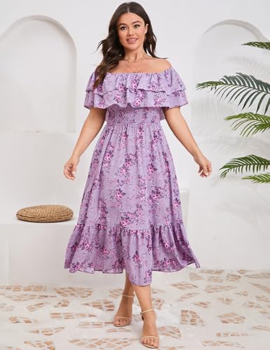 Image of KOJOOIN Women Plus Size Off Shoulder Maxi Dress Ruffle Flowy Casual Summer Boho Long Dresses