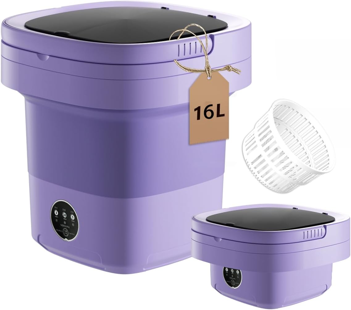 Portable Washing Machine, 16L Mini Washer for Apartments, RV & Travel | Folding Clothes Washer with Spin Basket & 3 Modes | Compact Washing Machine for Underwear, Socks, Baby Clothes (Purple)