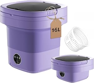 Portable Washing Machine, 16L Small Portable Washer and Dryer Combo Mini Foldable Washing Machine Collapsible Bucket with Drain Basket for Apartment, Underwear, Socks, Baby Clothes (Purple)