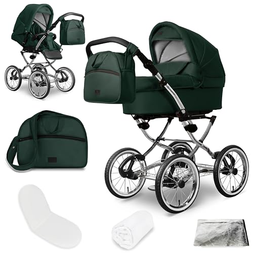 Bergsteiger Venedig Nostalgie Kombikinderwagen 2-in-1 ohne Babyschale – Babywanne & Sportsitz, Luftreifen, Federung, höhenverstellbarer Griff, faltbar, Zubehör