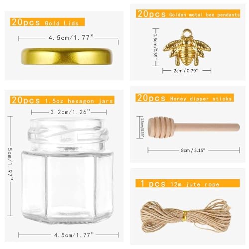 GIVAMEIHF Mini Glass Honey jars-1.5 oz, 20 pcs Hexagon Honey Jars with Wooden Dipper, Gold Lid, Bee Pendant, Rope-12m Mini Honey Jars with Lids, Perfect for Baby Shower, Wedding Favors, Party Favors