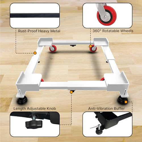 Image of Smart Shelter Washing Machine Trolley for Fully and Semi Automatic, Front or Top Load, Fridge and Dishwasher Stand, Adjustable Metal and Wheels, Capacity 250Kg, White (Min: 17 inchx17 inch, Max: 27 inchx29 inch)