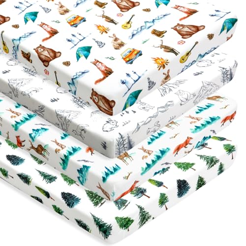 Image of 4 Pack N Play Sheets Woodland Forest Animals Wood Neutral Unisex Fitted Baby N Play Sheets Fitted for Standard Pack and Plays and Mini Cribs Set for Baby Boys or Girls