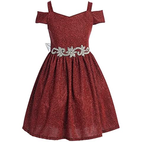 BluNight Collection Big Girls Cold Shoulder Sparkling Jewel Belt Christmas Holiday Flower Girl Dress Burgundy 12 (J22KS31) Cover
