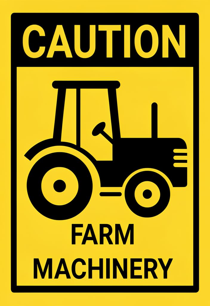 peiyeety Caution Farm Machinery Tin Sign 12x8 Inch Metal Wall Decor, Yellow & Black Tractor Warning Plaque for Barn Garage Workshop Shed, Rustic Farmhouse Decor Gift Idea