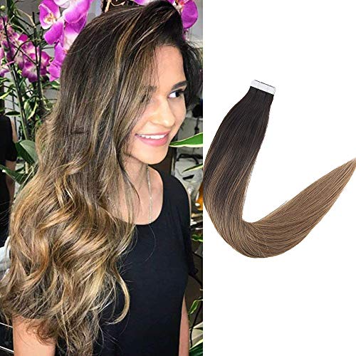 [Promotion]Full Shine 14 Inch 40 Gram Ombre Tape In Hair Extensions Color #2 Darkest Brown Fading To Color #8 Ash Brown Balayage Straight Remy Human Hair 20Pcs