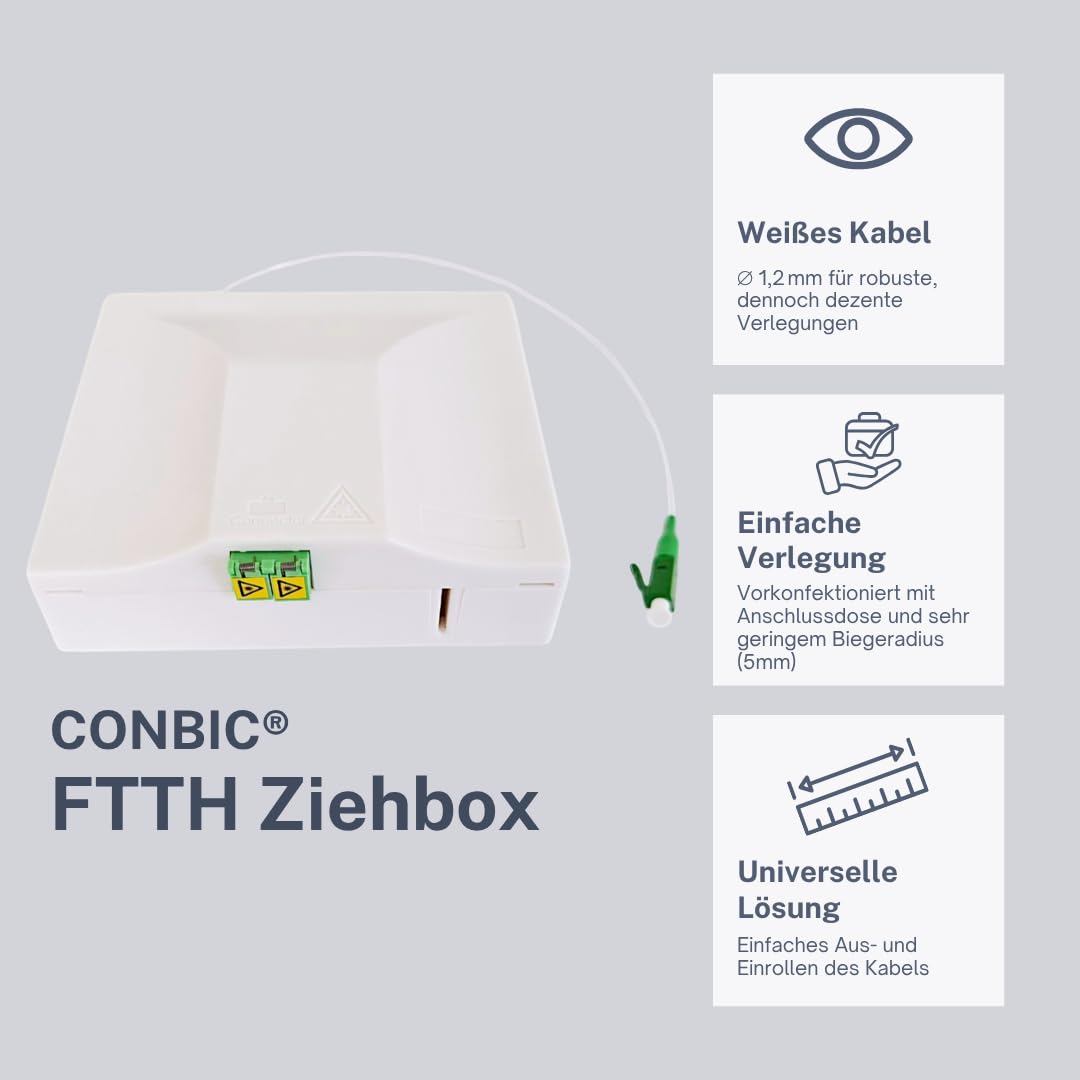 FTTH ZIEHBOX - Glasfaserkabel vorkonfektioniert in Anschlussdose, LC/APC 8°, weiß, OS2 Patchkabel, 1.2mm Durchmesser, 9/125μm, FTTH Lichtwellenleiter, G.657.B3. (20m)