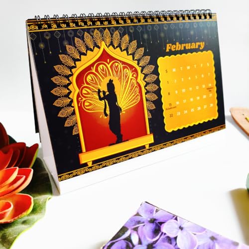 Image of Lord Krishna Silhouette Desk Calendar 2026 | 9x6 Inch Flip Calendar with Unique Krishna Art & Vibrant Backgrounds | Indian Holidays Marked | Spiritual Office Desk Decor