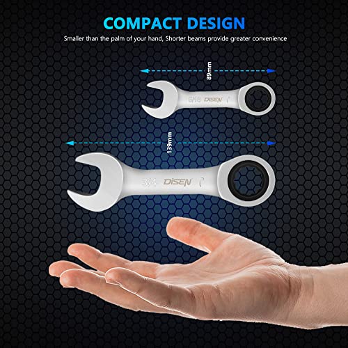 Disen 8Pcs Stubby Ratcheting Combination Wrench Set,Standard & Stubby, Sae/Metric,12 Point, 72 Teeth Box End And Open End Wrench Set, Premium Cr-V Steel, With Inch Size 5/16"-3/4" #TOP5