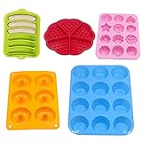 ❥Múltiples formas: hay cinco formas diferentes de salchicha, cuadrícula de molde para gofres, forma de flor, forma de círculo y círculo, para que pueda hornear diferentes estilos de pasteles, no solo puede hacer donas tradicionales, sino que también puede hacer diferentes La forma se adapta a su diferentes preferencias.