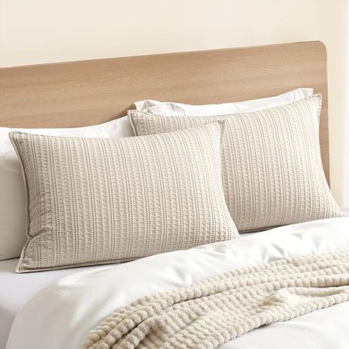 Woaboy 100% Cotton Waffle Pillow Shams Standard Size, 2 Pack 20x26 Decorative Pillow Covers for Bed Couch Sofa, Neutral Weave Cushion Cases Modern Farmhouse Home Decor, Oatmeal