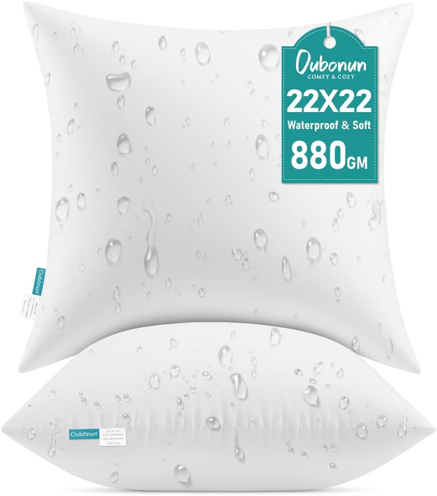 Oubonun 22x22 Waterproof Outdoor Pillow Inserts – Set of 2 Soft & Fluffy, Water Resistant Throw Pillows for Patio, Garden, Porch, or Indoor Decorative