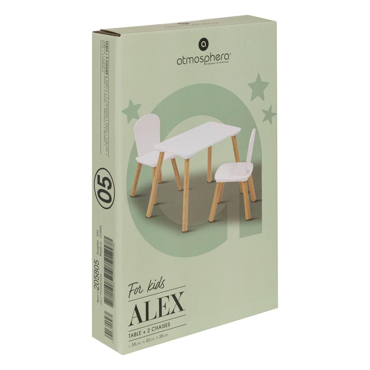 Atmosphera - Ensemble de Table et Chaises Enfant Alex - 3 Pièces (1 Table + 2 Chaises) - Plateau Résistant à l'eau - Mobilier de Chambre, Salle de Jeux - Fille et Garçon - Bois, Bords Arrondis, Blanc