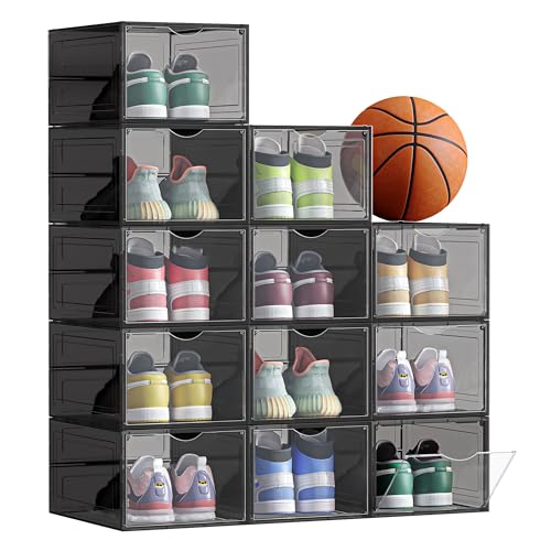 SONGMICS Shoe Boxes, Plastic Shoe Storage Organisers with Clear Doors, Set of 12, Stackable, Easy Assembly, 27 x 34.5 x 19 cm, up to UK Size 10, Black LSP032B12V1