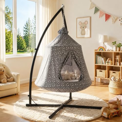 MAMIZO Hängesessel mit Gestell Outdoor&Indoor,150kg Hängehöhle,213×112×112cm Hängematte,Hänge Spielzelt,Schaukel Garten,Camping Hängezelt,int LED-Leuchten,mit aufblasbarem Kissen