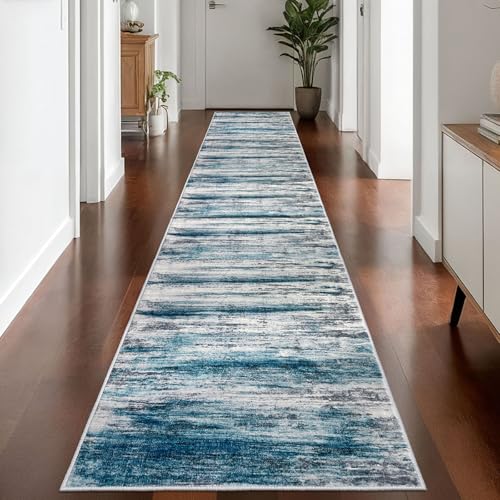 KOZYFLY Modern Abstract Hallway Runner Rug,2.6x14 Washable Rug Runner Non-Slip Soft Striped Kitchen Runner Rugs, Print Distressed Blue Carpet Runner for Entryway Bathroom Laundry Room Foyer