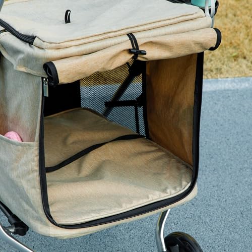 PawHut Hundewagen leicht Hundebuggy aus Aluminium klappbar für Hunde & Katzen Katzenbuggy mit Kissen Netzfenstern Türen Aufbewahrungskorb Katzenwagen Mini-Hundewagen für kleine Hunde Khaki