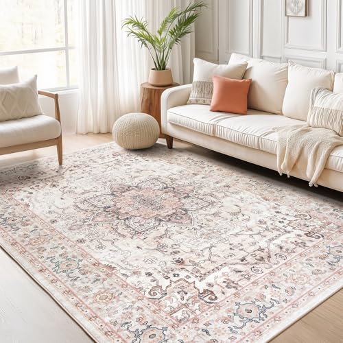 Lofus 5x7 Area Rugs for Living Room, Washable Area Rug, Rugs for Bedroom, Kitchen, Vintage Boho Carpet, Soft Non-Slip, Low Pile Large Area Rug for Office Dining Room, Pink