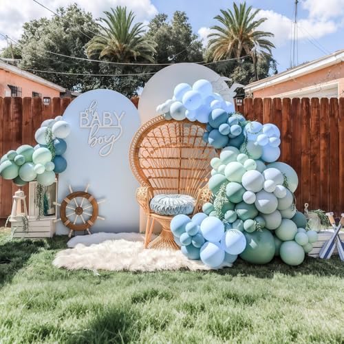 Image of Dusty Slate Blue and Green Garland Balloon Arch Kit, 118pcs Baby Blue Green Party Balloons Balloons for Boys Baby Shower Jungle Woodland Ocean Beach Under The Sea One 1st Birthday Party Decorations