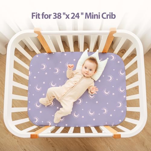 Image of Baby Mini Crib Sheets Girl, Portable 38 inchx26 inch Pack and Play Sheets Fitted for Playard and Pack N Play Mattress, 3-Pack Soft Microfiber Purple Magic Fairy