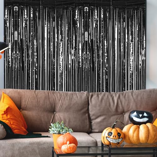 Image of ZATAYE 4 Pack Black Halloween Foil Curtain Streamer Decorations | Black, Metallic Foil, 3.28 x 7.05 FT, Tinsel Backdrop, Foil Curtain Streamer, Halloween New Years Eve Party