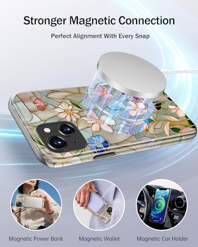 Image of Goodon for iPhone 14 Case /iPhone 13 Case Cute,Aesthetic Vintage Mosaic Stained Glass Shell Design,Floral Pattern,MagSafe Compatible,Preppy Trendy Y2K Protective Silicone Phone Cover for Women Girls | Dual-Layer Hard Shell + Silicone, Slim Fit Protective Phone Cover with Wildflower Designs for Women Girls
