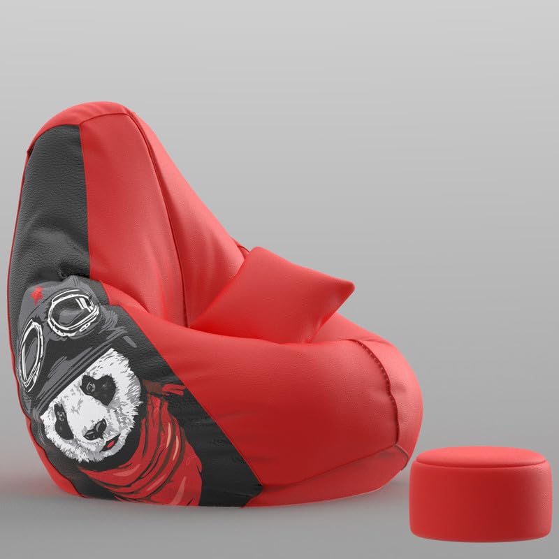 Image of Biggie Bean Bag Chair 5XL with Beans Filled-Pop Prints-Printed Designer Bags-Where Prints Meet Personality with Free Cushion & Footrest (Matching Color : Printed, Crazy Panda-Red)