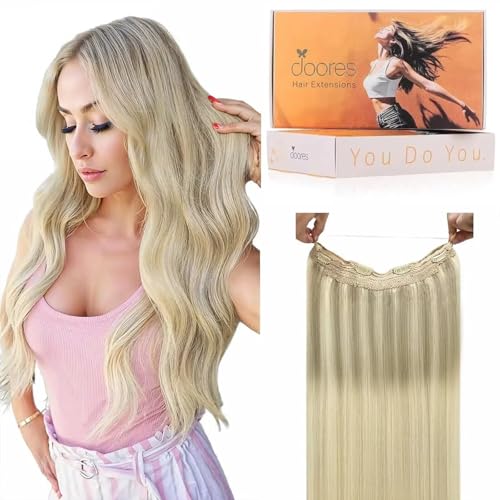 Image of DOORES Wire Hair Extensions 20 Inch 110 g Remy Human Wire Hair Extensions Invisible Transparent Line Adjustable Hairpieces Secret Ash Blonde Highlighted Platinum Blonde