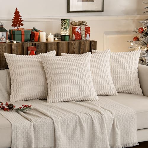 Miulee CAMAISHUI_CORDUROY_4P_4545_2 Pack Of 4 Cream White Corduroy Decorative Christmas Throw Pillow Covers 18X18 Inch Soft Boho Striped Pillow Covers Modern Farmhouse Home Decor thumb #2