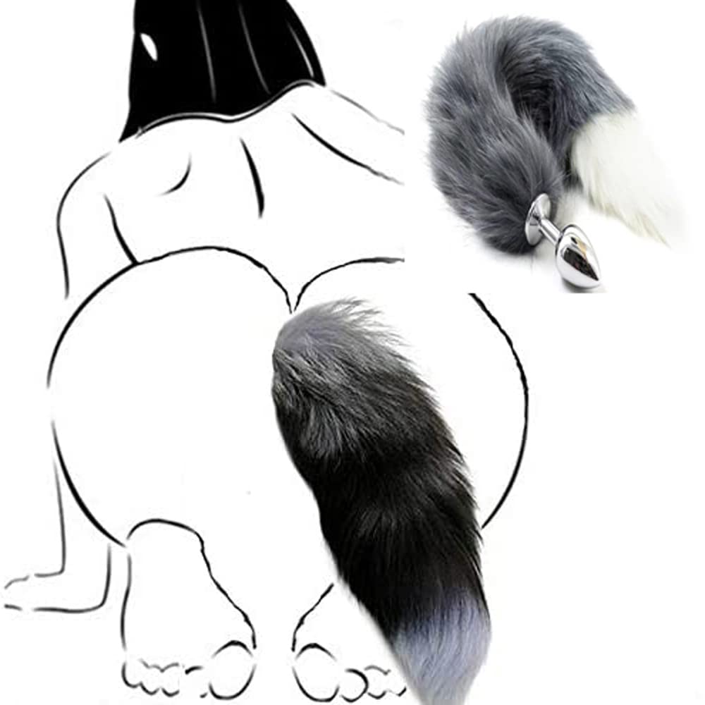 Ooiixx Butt Plug Fox Tail Cosplay Anal Plug Anal Butt Plug Adult Sex Toys for Beginner Women Men Couple (18" Black-1): 18"Gray-White