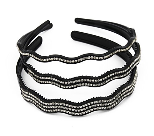 Yeshan Set of 3pcs Rhinestone and Crystal Handmade Wave Design Plastic Teeth Comb Headband,No-slip Grip Hairband for girls,wave design white