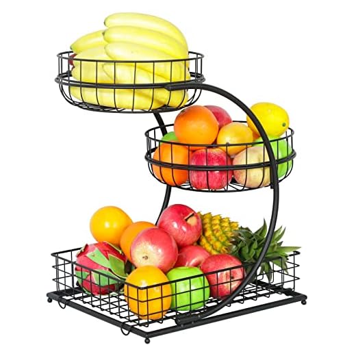 3 Tier Fruit Basket for Kitchen, Metal Wire Fruit Bowl for Kitchen Counter, Detachable Fruit Vegetables Storage Basket Holder Stand for Countertop Dining Table(Round and Square, Black)