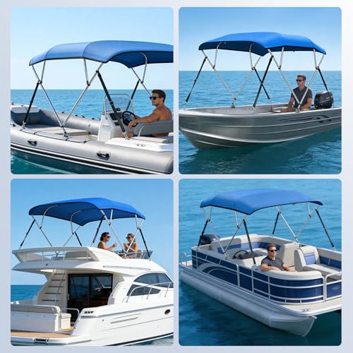 KAKIT 4 Bow Bimini Top for Boats, Marine Grade Canvas Top Heavy Duty Oxford Boat Canopy Adjustable 4 Straps Zippered Storage Boot Metal Base (3 Bow 6'L x 46" H x 61"-66" W,Blue) by KAKIT - Image 6