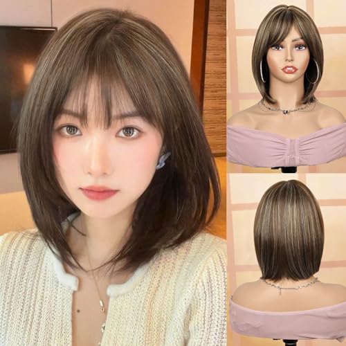 Image of Creamily Wig for Women Full Head, Short Hair Wig Brown Mix Blonde,Straight Girls Hair Wig Full Head Highlights,Natural Wigs with Bangs for Cosplay Daily Use