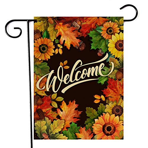 Artofy Welcome Fall Sunflower Maple Leaves Garden Flag, Autumn Home Decorative House Yard Outside Small Flag Double Sided Acorns Seasonal Decor, Thanksgiving Farmhouse Outdoor Burlap Decorations 12x18