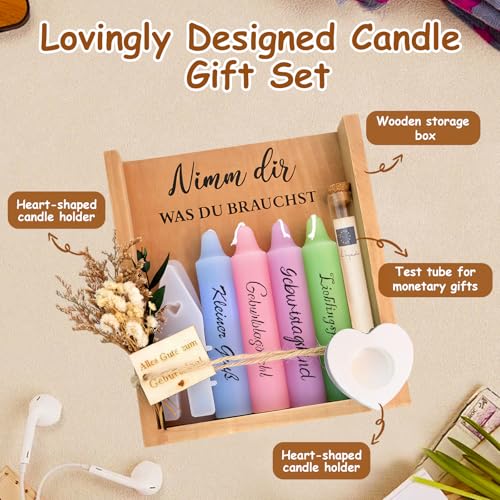 Kerzen Geschenkset für Frauen, Geburtstagskerze Geschenk für Freundin Geburtstag, Deko Kerzen Set mit Kerzenhalter, Geschenkidee für Mama Schwester Beste Freundin, Geburtstagsgeschenk Frauen Box