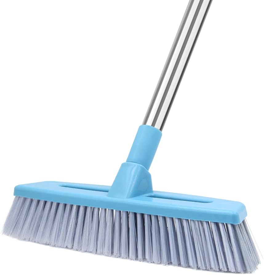 Floor Scrub Brush Push Broom with Adjustable Long Handle - 51 inches, Stiff Bristles, Indoor Outdoor Broom for Cleaning Bathroom Kitchen Patio Tile Wall Grout Wood Floor Carpet