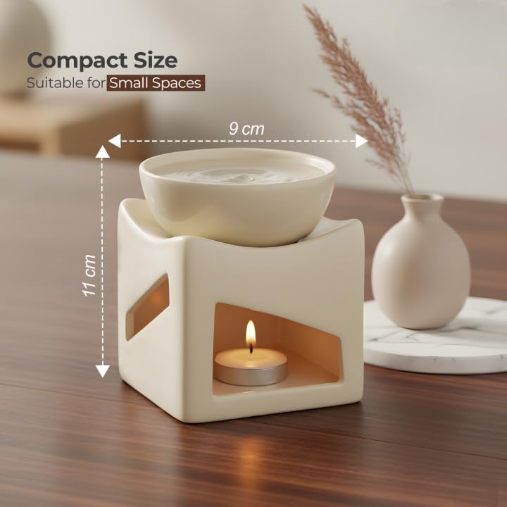 Dolloz Ceramic Oil Burner Diffuser for Home & Office | Aroma Oil Burner with Tealight Candle | Ceramic Fragrance Diffuser for Aromatherapy, Relaxation & Home Decor (100ml) (Cream) 1