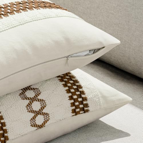 Image of MIULEE Set of 2 Coco Brown Boho Decorative Pillow Covers 18x18 Inch | Farmhouse Couch Throw Pillows Modern Spring Cotton Cushion Covers Macrame Woven Home Decor for Bed Sofa Chair