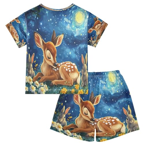 ALAZA Deer Blossom Rabbit Galaxy Pajamas Set Short Sleeve Cotton Sleepwear Summer Pjs 2 Piece 5-14Y2