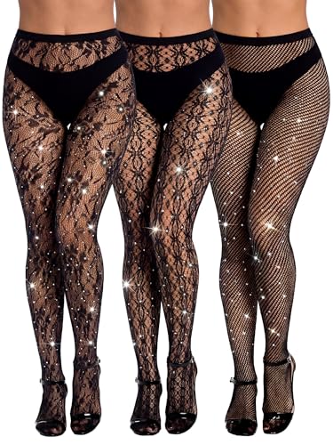Image of Bencailor 3 Pair Halloween Rhinestone Women Fishnet Tight Legging Stocking Small Hole Pattern Black High Pantyhose Waist Lace
